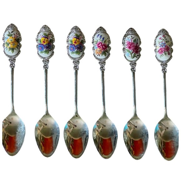 Stainless Steel & Porcelain Floral Collectible Spoons Set Of 6 Vintage - Picture 1 of 9